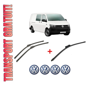 Set 3 stergatoare Volkswagen TRANSPORTER T6 / CARAVELLE T6 Bus (SGB, SGJ, SHB, SHJ) din 2015 - 2024, pentru parbriz si luneta fata si spate auto, Bosch Aerotwin, din cauciuc siliconat rezistent, 4 Stickere Auto VW
