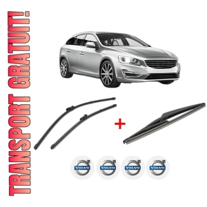 Set 3 stergatoare VOLVO V60 I (155) din 2010 - 2018, pentru parbriz si luneta fata si spate auto, Valeo Silencio, din cauciuc siliconat rezistent, 4 Stickere Auto VOLVO