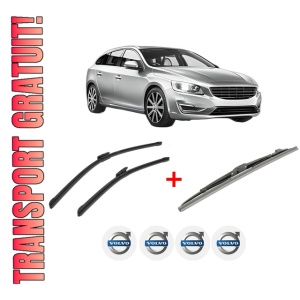 Set 3 stergatoare VOLVO V60 I (155) din 2010 - 2018, pentru parbriz si luneta fata si spate auto, Bosch Twin, din cauciuc siliconat rezistent, 4 Stickere Auto VOLVO