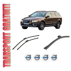 Set 3 stergatoare VOLVO XC70 II VAN (136) din 2013-2016, pentru parbriz si luneta fata si spate auto, Bosch Aerotwin-Aerotwin, din cauciuc siliconat rezistent, 4 Stickere Auto VOLVO