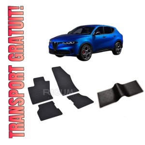 Set 5 covorase ALFA ROMEO TONALE din 05.2022-PREZENT, cu covoras tunel median, CAROSERIE SUV, Presuri cauciuc 100%, compatibil cu autoturismul ALFA ROMEO TONALE, Rigum