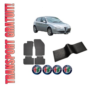 Set 5 covorase auto ALFA ROMEO 147 (937_) din 2006-2015, cu covoras tunel median, presuri auto din cauciuc, 4x Stickere auto cu ALFA ROMEO