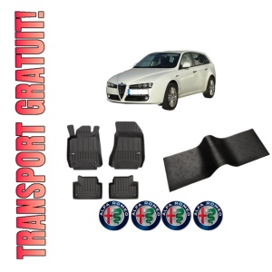 Set 5 covorase auto ALFA ROMEO 159 Sportwagon (939_) din 2010-2018, cu covoras tunel median, presuri auto din cauciuc, 4x Stickere auto cu ALFA ROMEO