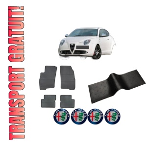 Set 5 covorase auto ALFA ROMEO MITO (955_) din 2004-2013, cu covoras tunel median, presuri auto din cauciuc, 4x Stickere auto cu ALFA ROMEO