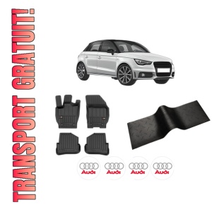 Set 5 covorase auto AUDI A1 Sportback (8XA, 8XF) din 1999-2008, cu covoras tunel median, presuri auto din cauciuc, 4x Stickere auto cu AUDI