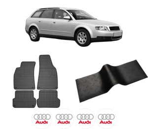 Set 5 covorase auto AUDI A4 B6 Avant (8E5) din 2014-2022, cu covoras tunel median, presuri auto din cauciuc, 4x Stickere auto cu AUDI - Img 2