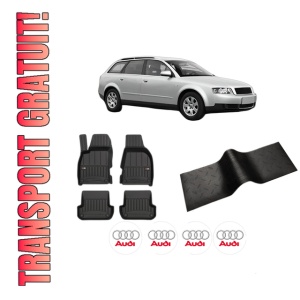 Set 5 covorase auto AUDI A4 B6 Avant (8E5) din 2014-2022, cu covoras tunel median, presuri auto din cauciuc, 4x Stickere auto cu AUDI