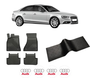 Set 5 covorase auto AUDI A4 B8 (8K2) din 2012-2018, cu covoras tunel median, presuri auto din cauciuc, 4x Stickere auto cu AUDI - Img 2