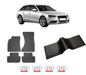 Set 5 covorase auto AUDI A4 B8 Avant (8K5) din 2011-2015, cu covoras tunel median, presuri auto din cauciuc, 4x Stickere auto cu AUDI - Img 2