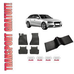 Set 5 covorase auto AUDI A4 B8 Avant (8K5) din 2011-2015, cu covoras tunel median, presuri auto din cauciuc, 4x Stickere auto cu AUDI