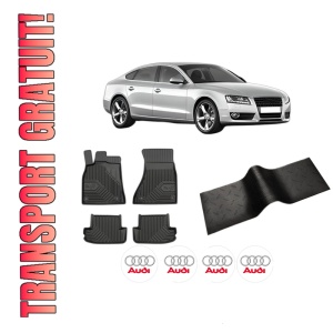 Set 5 covorase auto AUDI A5 Sportback (8TA) din 2013-2018, cu covoras tunel median, presuri auto din cauciuc, 4x Stickere auto cu AUDI