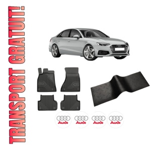 Set 5 covorase auto AUDI A5 Sportback (F5A, F5F) din 2014-2021, cu covoras tunel median, presuri auto din cauciuc, 4x Stickere auto cu AUDI