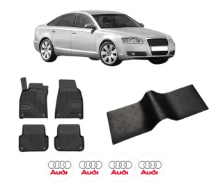 Set 5 covorase auto AUDI A6 C6 (4F2) din 2008-2017, cu covoras tunel median, presuri auto din cauciuc, 4x Stickere auto cu AUDI - Img 2