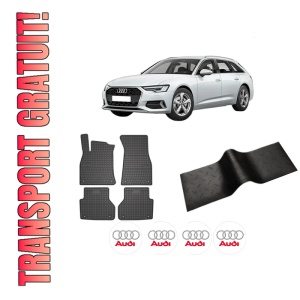 Set 5 covorase auto AUDI A6 C8 (4A2) din 2004-2009, cu covoras tunel median, presuri auto din cauciuc, 4x Stickere auto cu AUDI