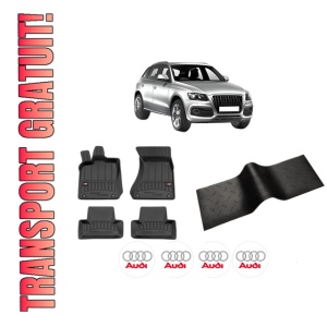 Set 5 covorase auto AUDI Q5 (8RB) din 2007, cu covoras tunel median, presuri auto din cauciuc, 4x Stickere auto cu AUDI