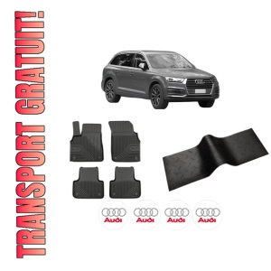 Set 5 covorase auto AUDI Q7 (4MB, 4MG, 4MQ) din 2005-2013, cu covoras tunel median, presuri auto din cauciuc, 4x Stickere auto cu AUDI