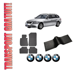 Set 5 covorase auto BMW Seria 3 Touring (E91) din 2008-2018, cu covoras tunel median, presuri auto din cauciuc, 4x Stickere auto cu BMW