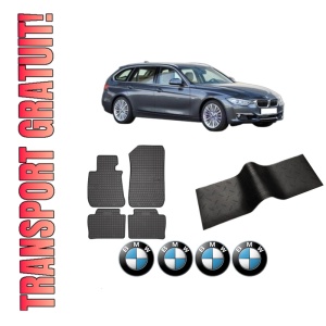 Set 5 covorase auto BMW Seria 3 Touring Van (F31) din 2016-2018, cu covoras tunel median, presuri auto din cauciuc, 4x Stickere auto cu BMW