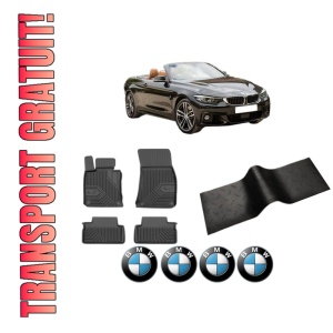 Set 5 covorase auto BMW Seria 4 Convertible (F33, F83) din 2011-2019, cu covoras tunel median, presuri auto din cauciuc, 4x Stickere auto cu BMW