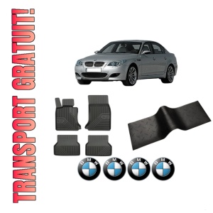 Set 5 covorase auto BMW Seria 5 (E60) din 2006-2015, cu covoras tunel median, presuri auto din cauciuc, 4x Stickere auto cu BMW