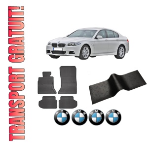 Set 5 covorase auto BMW Seria 5 (F10) din 2018, cu covoras tunel median, presuri auto din cauciuc, 4x Stickere auto cu BMW
