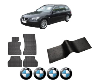 Set 5 covorase auto BMW Seria 5 Touring (E61) din 2008-2015, cu covoras tunel median, presuri auto din cauciuc, 4x Stickere auto cu BMW - Img 2