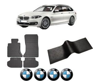 Set 5 covorase auto BMW Seria 5 Touring (F11) din 2014-2019, cu covoras tunel median, presuri auto din cauciuc, 4x Stickere auto cu BMW - Img 2