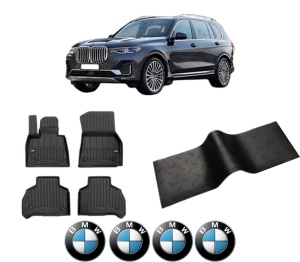 Set 5 covorase auto BMW Seria X7 (G07) din 2008-2020, cu covoras tunel median, presuri auto din cauciuc, 4x Stickere auto cu BMW - Img 2