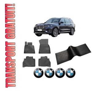 Set 5 covorase auto BMW Seria X7 (G07) din 2008-2020, cu covoras tunel median, presuri auto din cauciuc, 4x Stickere auto cu BMW