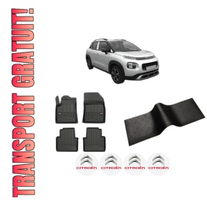Set 5 covorase auto CITROEN C3 AIRCROSS II (2R_, 2C_) din 2019-2021, cu covoras tunel median, presuri auto din cauciuc, 4x Stickere auto cu CITROEN
