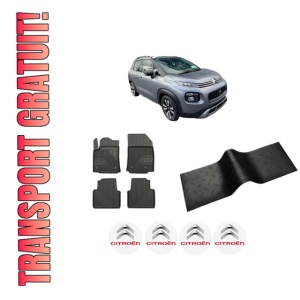 Set 5 covorase auto CITROEN C3 AIRCROSS II Van (2C_, 2R_) din 2001-2010, cu covoras tunel median, presuri auto din cauciuc, 4x Stickere auto cu CITROEN