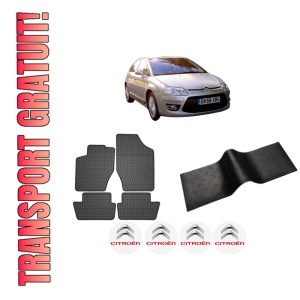 Set 5 covorase auto CITROEN C4 II (NC_) din 2005-2011, cu covoras tunel median, presuri auto din cauciuc, 4x Stickere auto cu CITROEN
