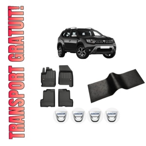 Set 5 covorase auto DACIA DUSTER (HM_) din 2016-2020, cu covoras tunel median, presuri auto din cauciuc, 4x Stickere auto cu DACIA