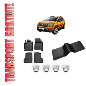 Set 5 covorase auto DACIA DUSTER SUV Van din 2006-2014, cu covoras tunel median, presuri auto din cauciuc, 4x Stickere auto cu DACIA