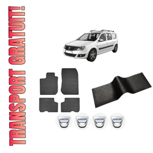 Set 5 covorase auto DACIA LOGAN MCV II din 2009-2015, cu covoras tunel median, presuri auto din cauciuc, 4x Stickere auto cu DACIA