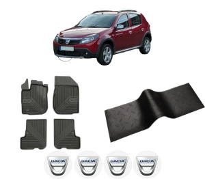 Set 5 covorase auto DACIA SANDERO din 2007-2010, cu covoras tunel median, presuri auto din cauciuc, 4x Stickere auto cu DACIA - Img 2