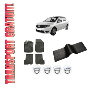 Set 5 covorase auto DACIA SANDERO II din 2000-2007, cu covoras tunel median, presuri auto din cauciuc, 4x Stickere auto cu DACIA
