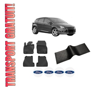 Set 5 covorase auto FORD FOCUS III din 2014-2019, cu covoras tunel median, presuri auto din cauciuc, 4x Stickere auto cu FORD