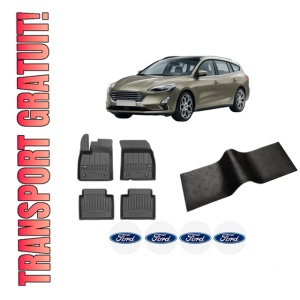 Set 5 covorase auto FORD FOCUS IV Turnier (HP) din 2004-2014, cu covoras tunel median, presuri auto din cauciuc, 4x Stickere auto cu FORD