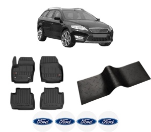 Set 5 covorase auto FORD MONDEO IV (BA7) din 2007-2014, cu covoras tunel median, presuri auto din cauciuc, 4x Stickere auto cu FORD - Img 2