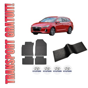 Set 5 covorase auto HYUNDAI i30 Estate (PDE) din 2014-2023, cu covoras tunel median, presuri auto din cauciuc, 4x Stickere auto cu HYUNDAI