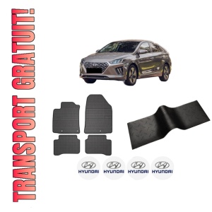 Set 5 covorase auto HYUNDAI IONIQ (AE) din 2013-2018, cu covoras tunel median, presuri auto din cauciuc, 4x Stickere auto cu HYUNDAI