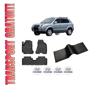 Set 5 covorase auto HYUNDAI TUCSON (JM) din 2007-2018, cu covoras tunel median, presuri auto din cauciuc, 4x Stickere auto cu HYUNDAI