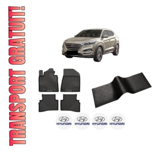 Set 5 covorase auto HYUNDAI TUCSON (TL, TLE) din 2003-2012, cu covoras tunel median, presuri auto din cauciuc, 4x Stickere auto cu HYUNDAI