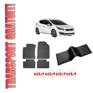 Set 5 covorase auto KIA CEED (CD) din 2006-2014, cu covoras tunel median, presuri auto din cauciuc, 4x Stickere auto cu KIA