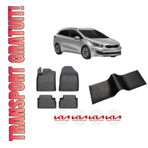 Set 5 covorase auto KIA CEED Sportswagon (CD) din 2007-2014, cu covoras tunel median, presuri auto din cauciuc, 4x Stickere auto cu KIA - Img 1