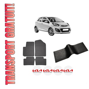 Set 5 covorase auto KIA PICANTO II (TA) din 2017-2022, cu covoras tunel median, presuri auto din cauciuc, 4x Stickere auto cu KIA