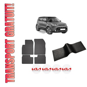Set 5 covorase auto KIA SOUL II (PS) din 2010-2017, cu covoras tunel median, presuri auto din cauciuc, 4x Stickere auto cu KIA