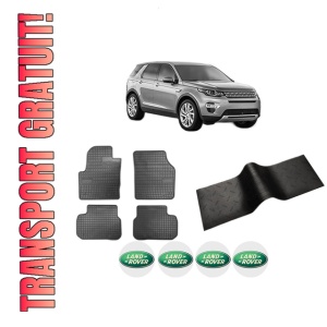 Set 5 covorase auto LAND ROVER DISCOVERY SPORT (L550) din 2005-2014, cu covoras tunel median, presuri auto din cauciuc, 4x Stickere auto cu LAND ROVER