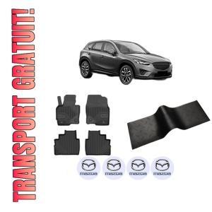 Set 5 covorase auto MAZDA CX-5 (KE, GH) din 2016-2019, cu covoras tunel median, presuri auto din cauciuc, 4x Stickere auto cu MAZDA